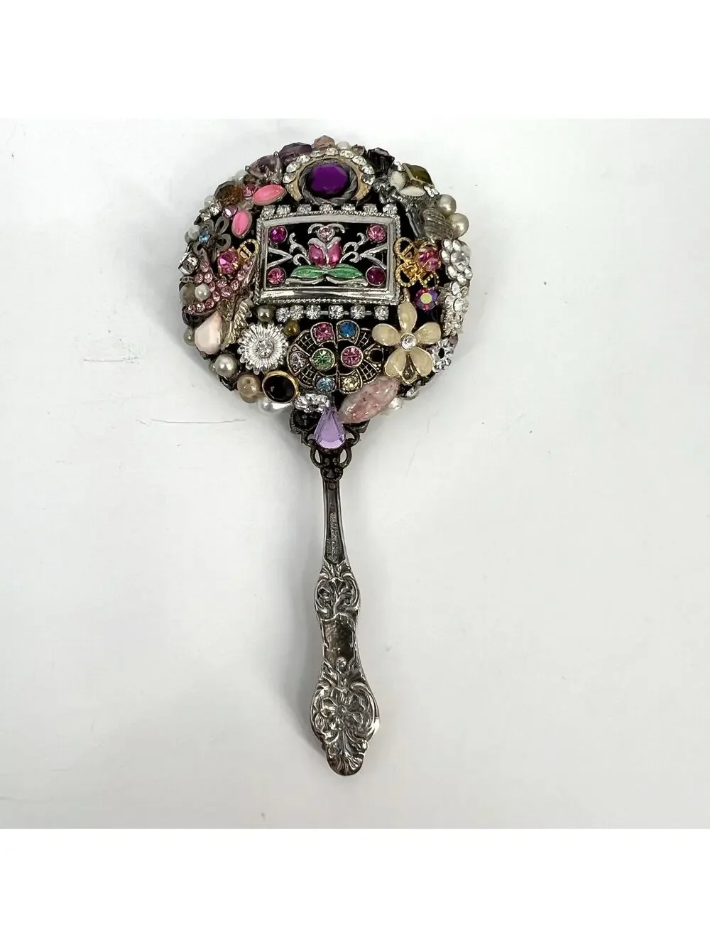 Handcrafted Bejeweled Handheld Mirror Miniature Ladies Mosaic Jewelry Beveled 5